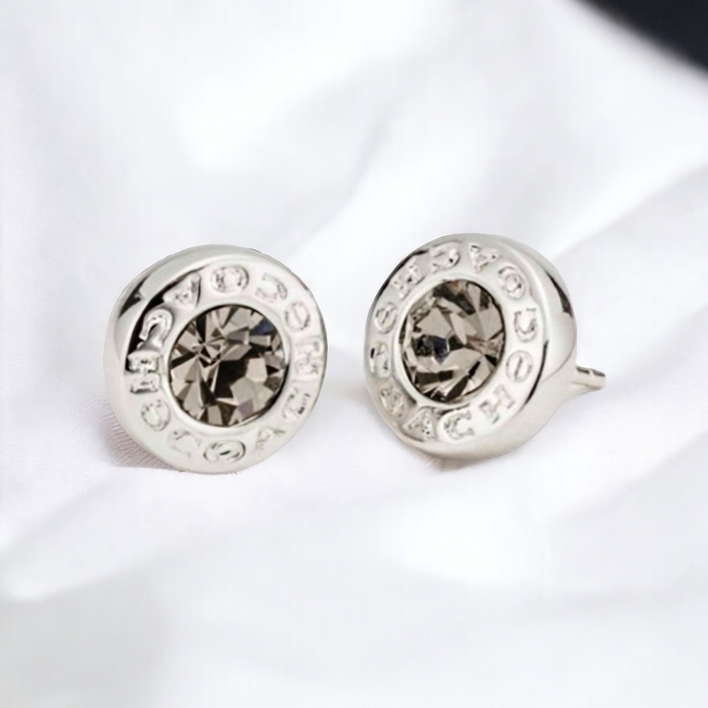 Authentic Silver Coach Stud Earrings with Grey Diamond, Designer Earrings